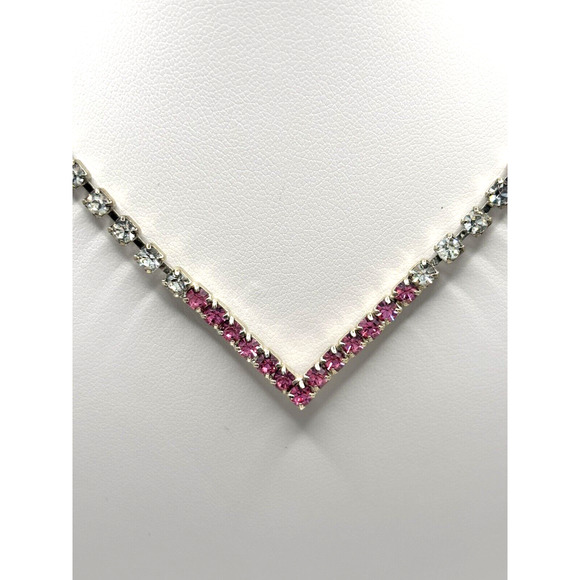 VTG Vintage Rhinestone Necklace Clear Pink J1-3027 - Picture 3 of 11